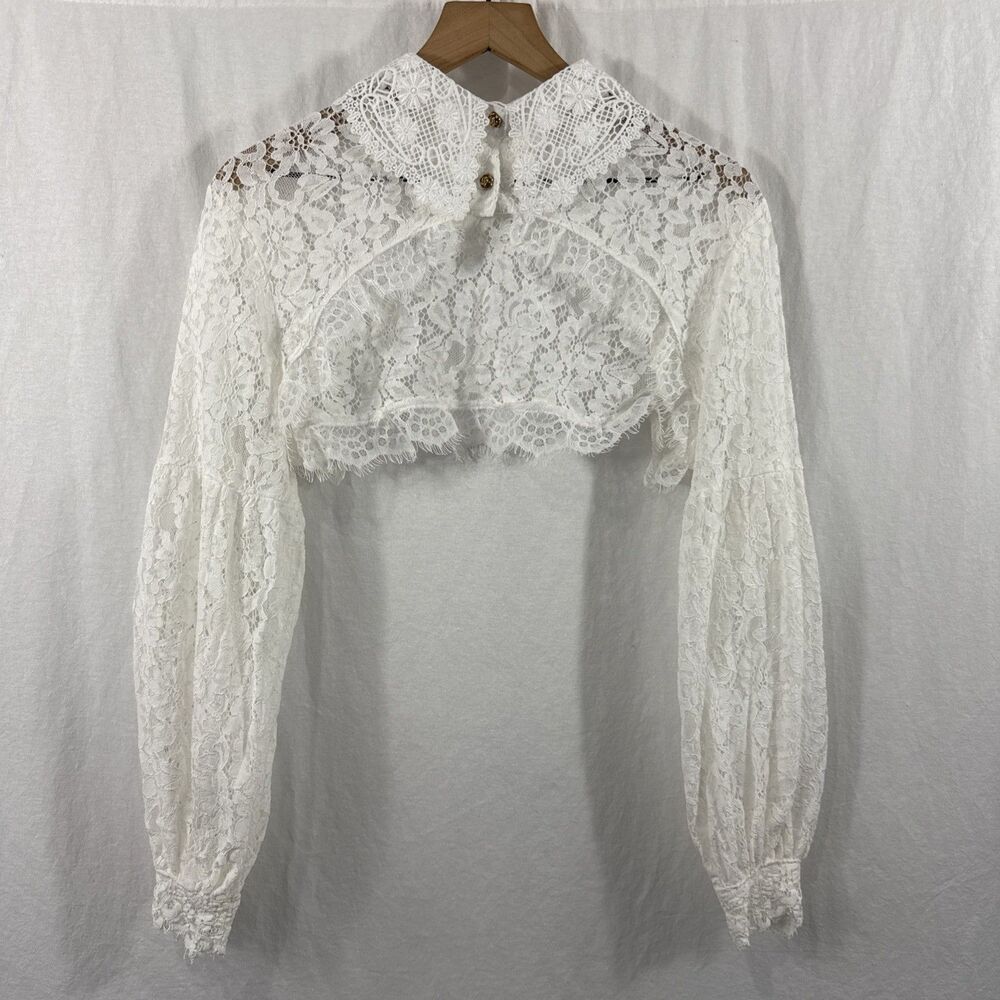 White Lace Feminine Coquette Dainty Collared Bolero Crop Balloon Sleeve Top*READ